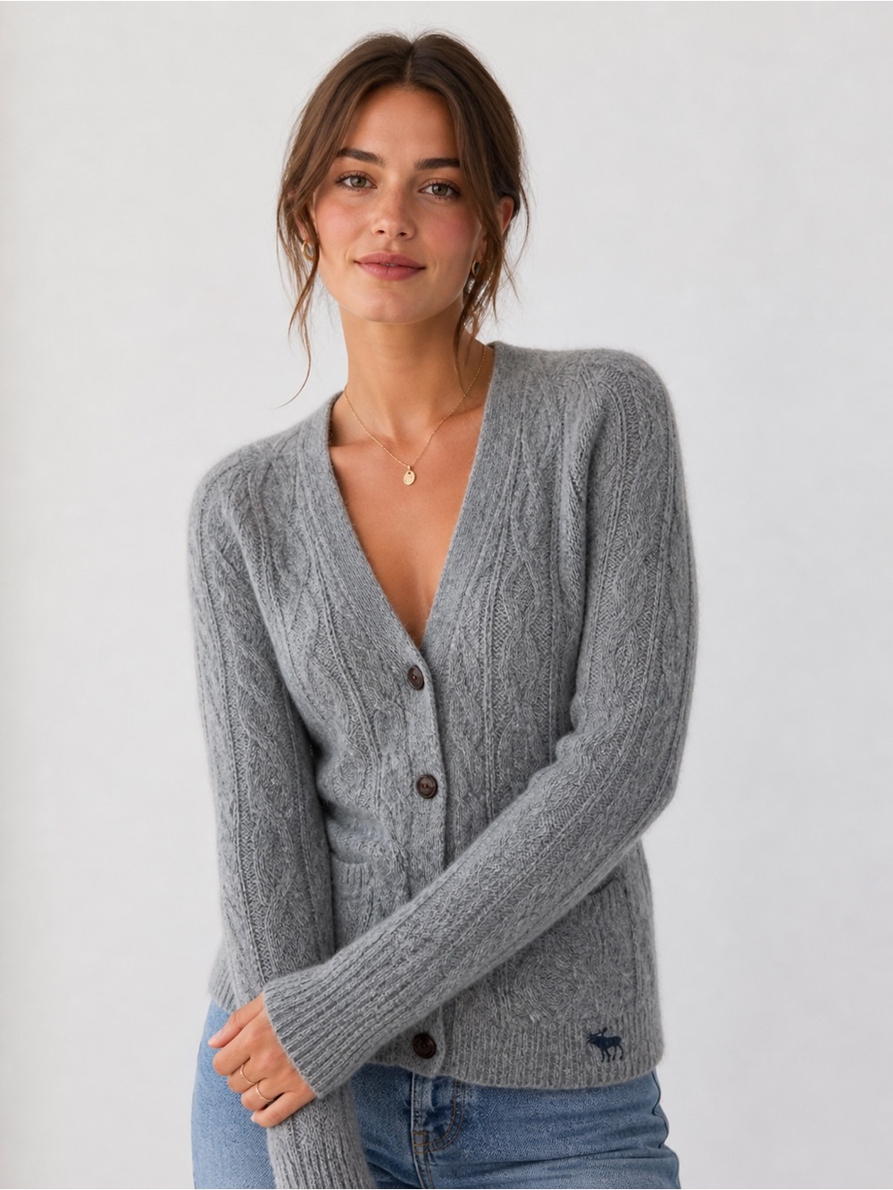 Y2K Abercrombie & Fitch Alpaca Wool Blend Cable Knit V-neck Cardigan Gray Sz M